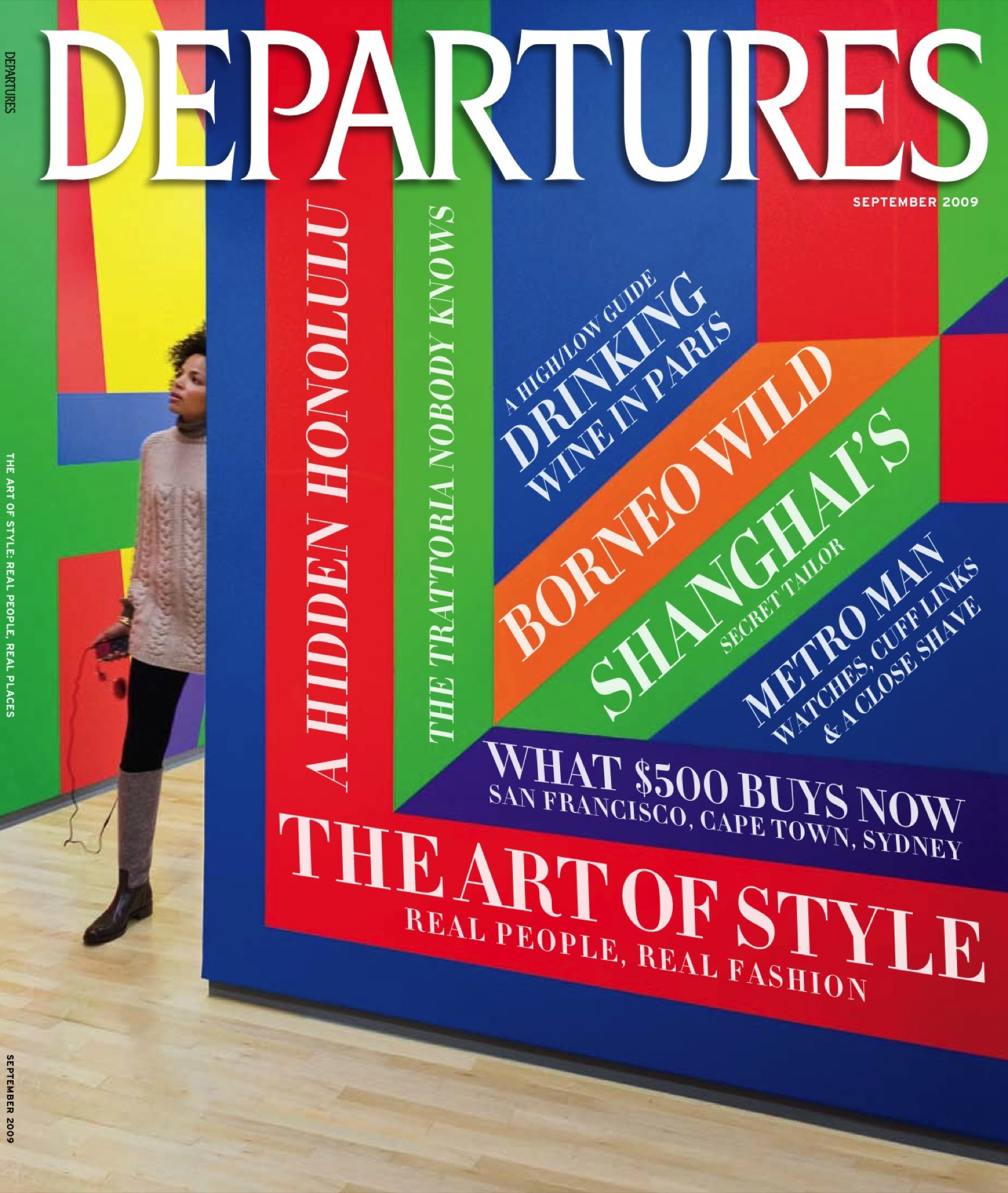 The September 2009 Departures cover, The Art of Style, with stacked color blocks of type beside a figure in a gallery.