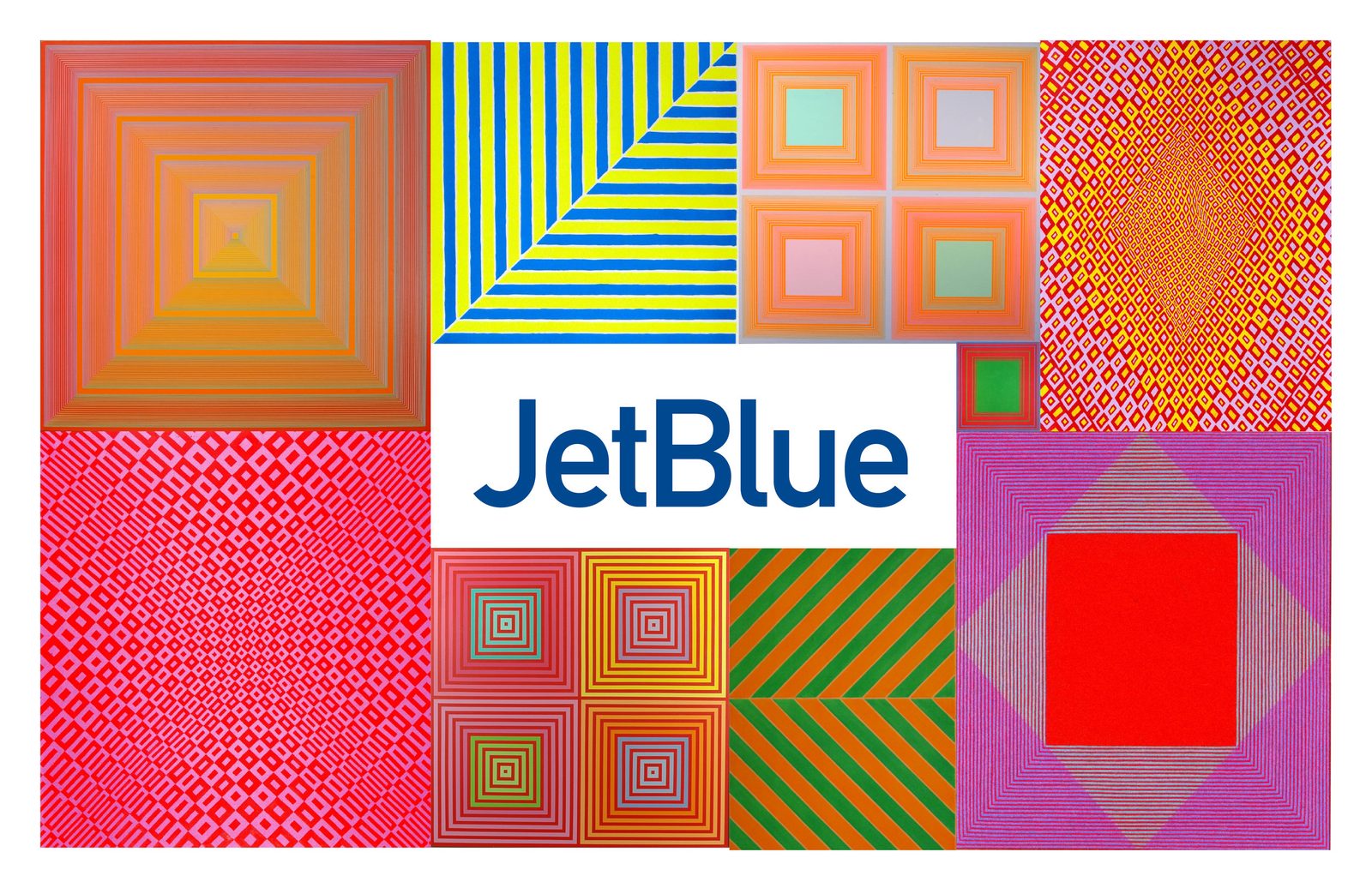 Pattern library board of twelve colorways around a JetBlue wordmark.
