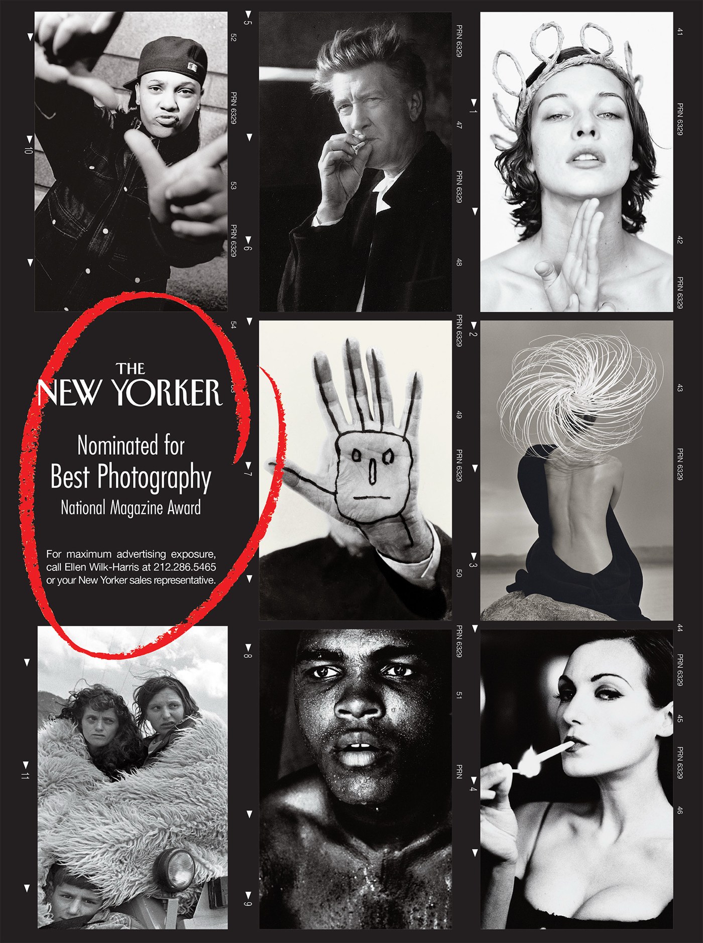 A black-and-white contact sheet of portraits with a red circle reading Nominated for Best Photography, National Magazine Award.