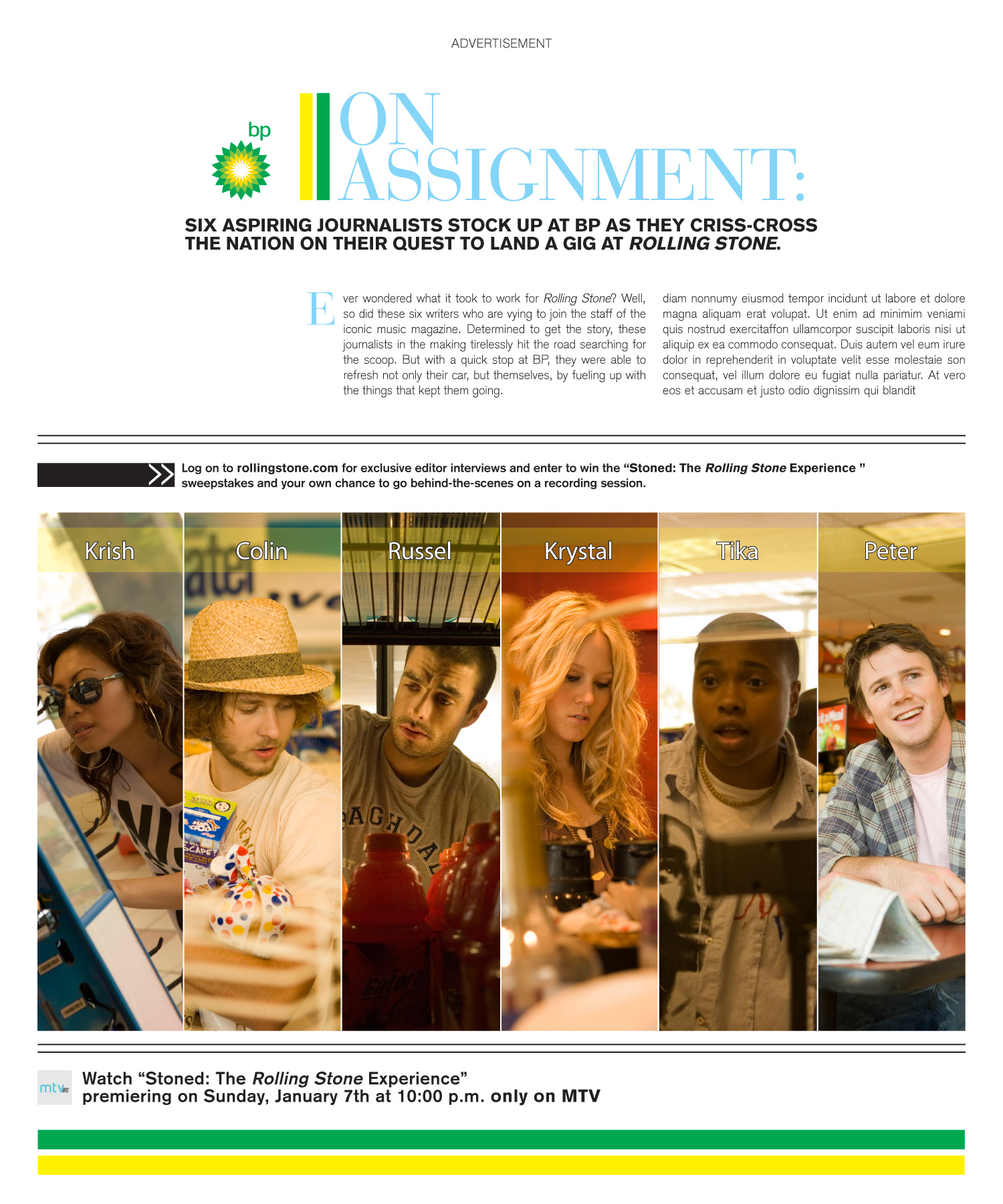 "On Assignment" BP advertorial: six aspiring Rolling Stone writers in color-blocked panels.